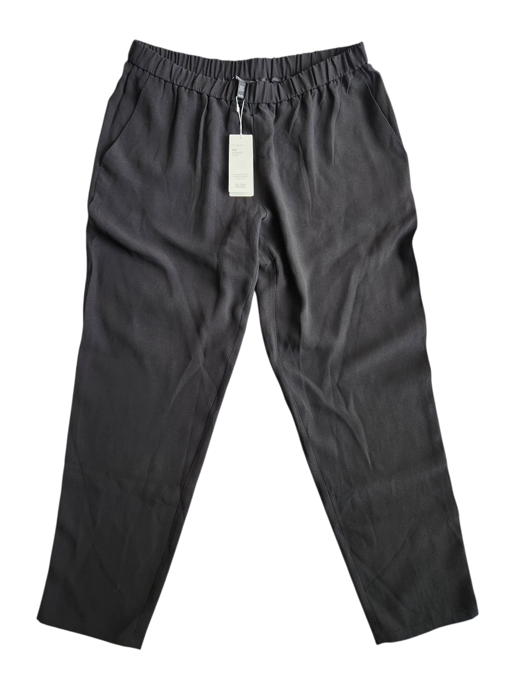 NWT Eileen Fisher 100% Silk Georgette Crepe Pants Large Petite Black Pockets